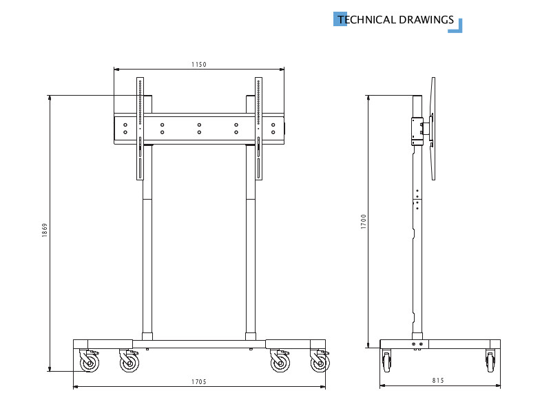 Edbak TR18 mobiler Monitor Ständer höhenverstellbar, 60-95 Zoll technische Zeichnung Edbak TR18 mobiler Monitor Ständer höhenverstellbar, 60-95 Zoll technische Zeichnung