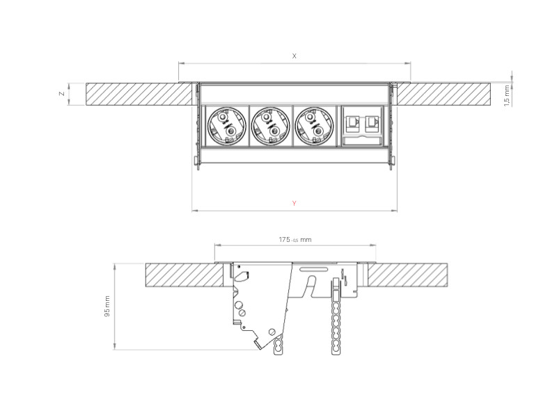 EVOline FlipTop Push 2x Steckdose Data S Zeichnung EVOline FlipTop Push 2x Steckdose Data S Zeichnung