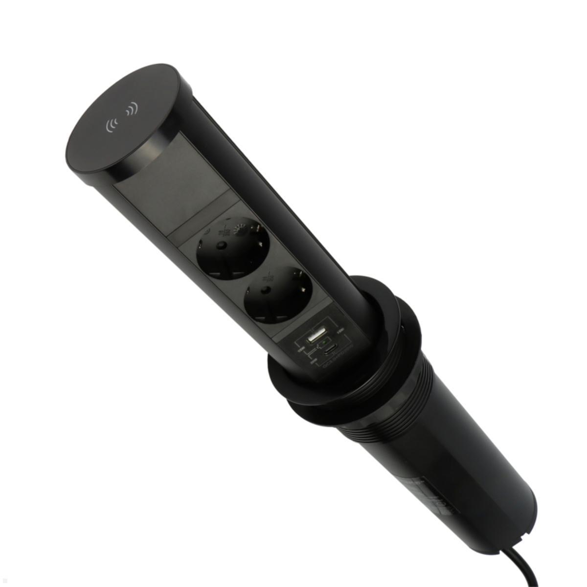 TecLines TVS011B versenkbare 2-fach Steckdose mit USB A/C und Qi charger, schwarz, Schuko Steckdose 2-fach