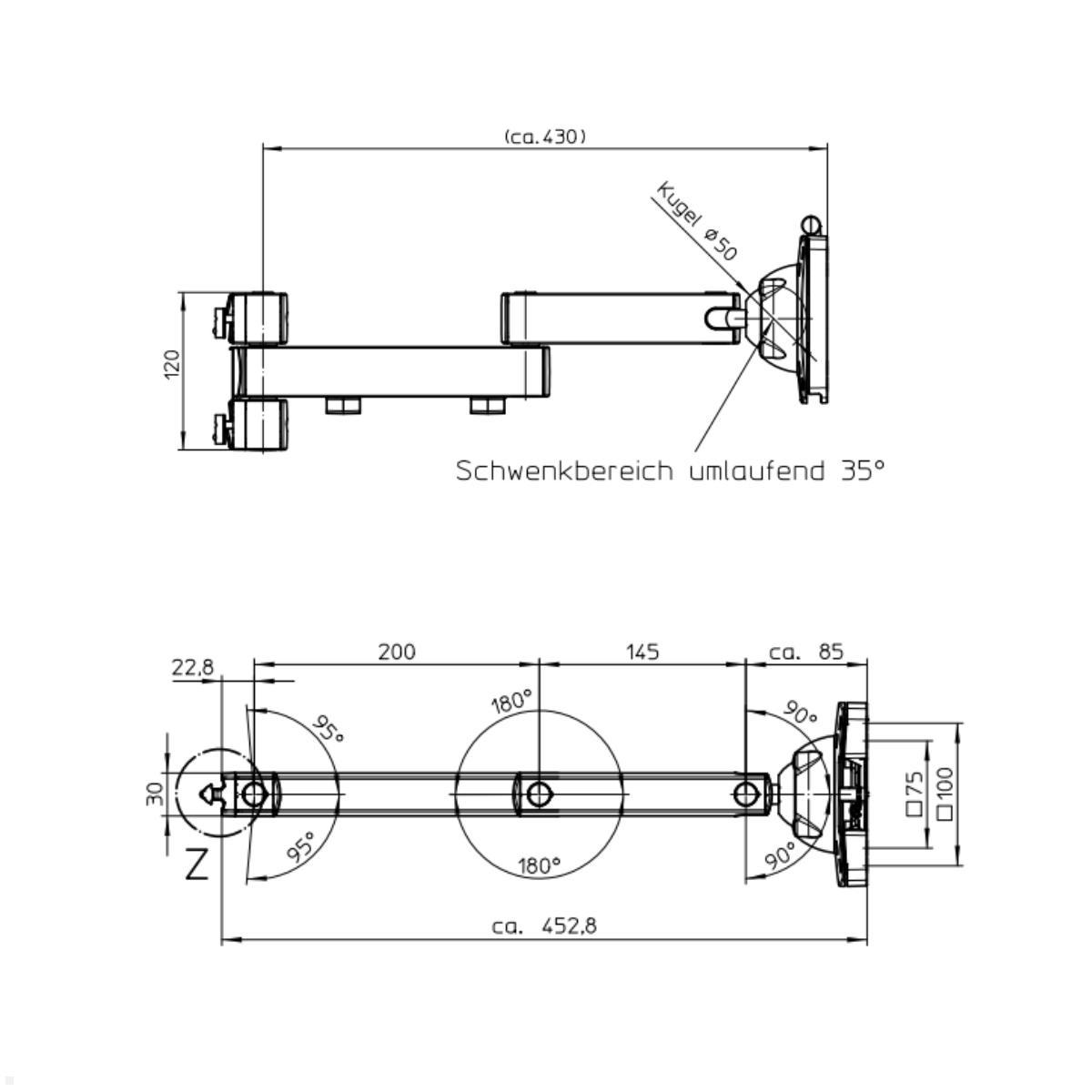 Novus TFC Monitorhalter Faltarm 450 mm Zeichnung mit Maßen
