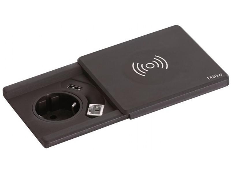 EVOline Square80 Einbausteckdose Qi-Version 1x Schuko, USB, CAT6 Buchse schwarz