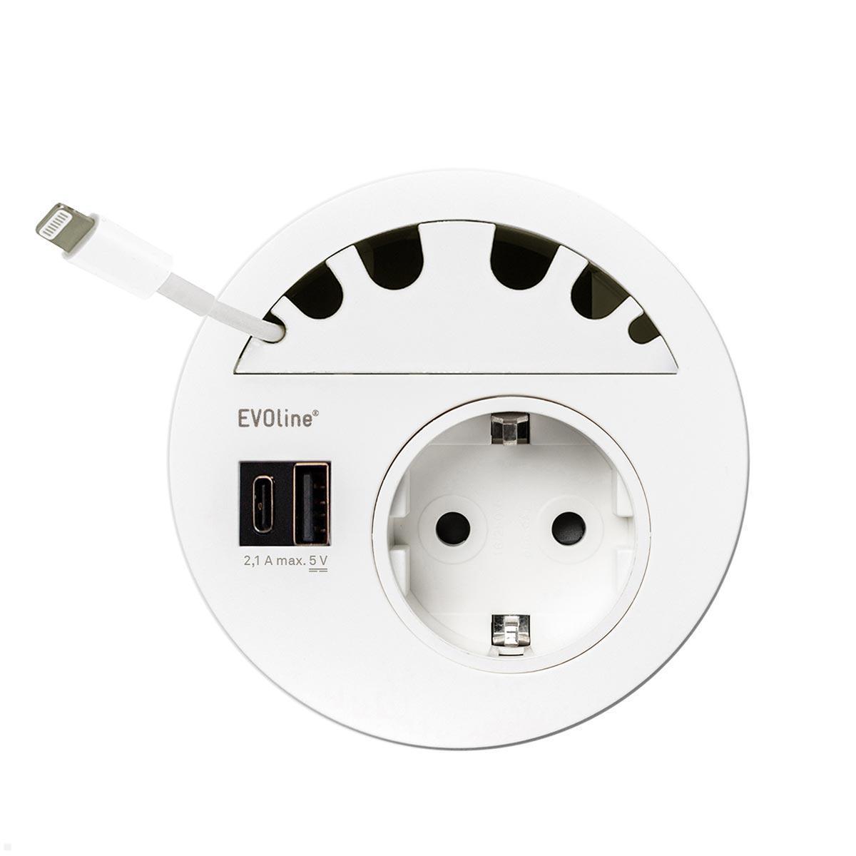EVOline Circle80 Einbausteckdose mit USB-Doppelcharger A/C, Kabelführung, weiß EVOline Circle80 Einbausteckdose mit USB-Doppelcharger A/C, Kabelführung, weiß