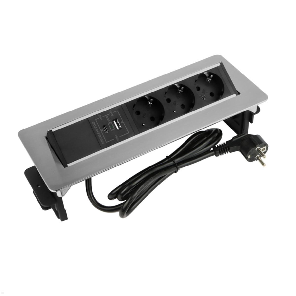 TecLines TES021E 3-fach Einbausteckdose mit USB A+C, Edelstahl, aufklappbare Abdeckung