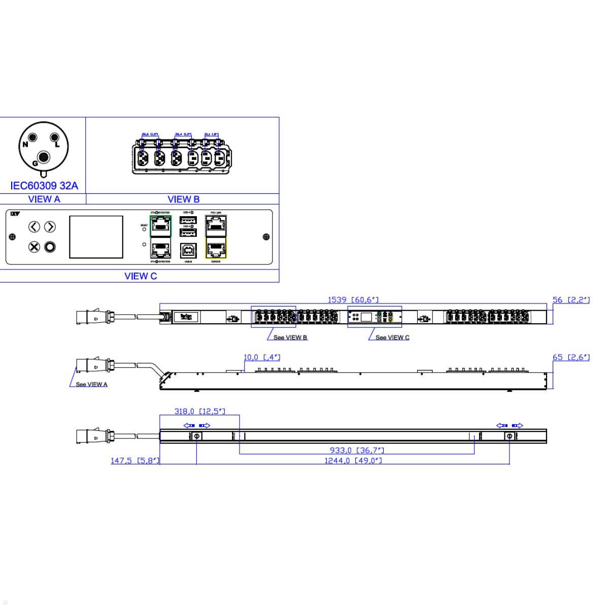 Legrand Raritan iX Rack-PDU 0U 1-phasig 230V 32A, 12xC13 / 12xCX, Input Metered (PX4-1161-E7), PDU 32A 0U vertikal