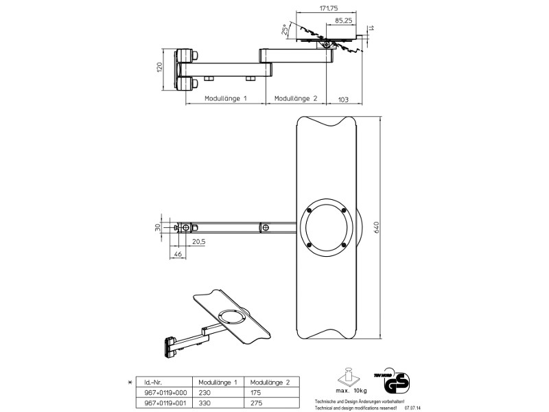Novus TSS Tragarm mit Tastaturhalterung (967+0119+000) Maße