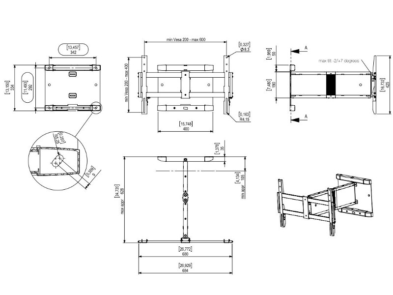 SMS ICON WH 3D TV Wandhalterung schwenkbar (C181U001-2A) grau Maße