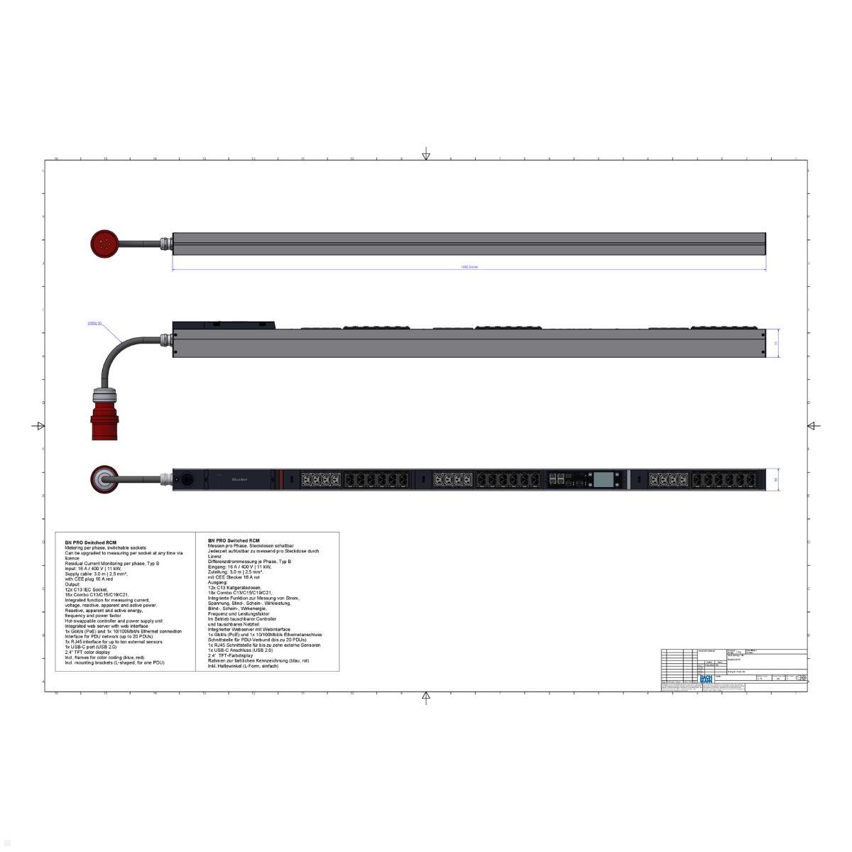 Bachmann BN PRO S Switched RCM - 16A Rack PDU mit 12xC13 18xCombo, 3,0m CEE 16A/5p (BM0024776), PDU 16A CEE 5p