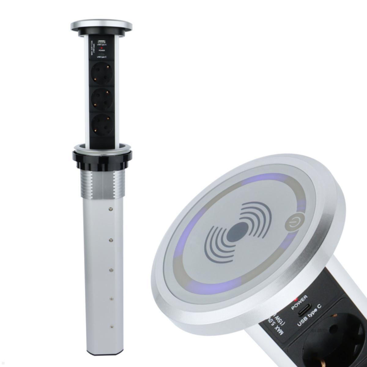 TecLines TVS006S versenkbare 3-fach Steckdosenleiste mit USB A/C, Qi, silber TecLines TVS006S versenkbare 3-fach Steckdosenleiste mit USB A/C, Qi, silber