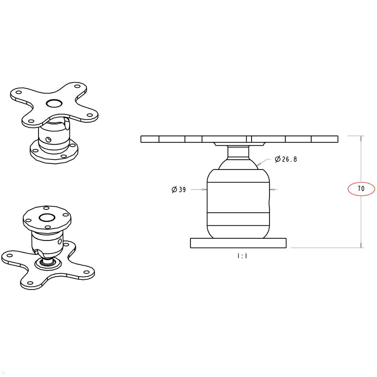 Zirkona Joiner Medium Short mit VESA Halterung 75x75, technische Zeichnung Zirkona Joiner Medium Short mit VESA Halterung 75x75, technische Zeichnung