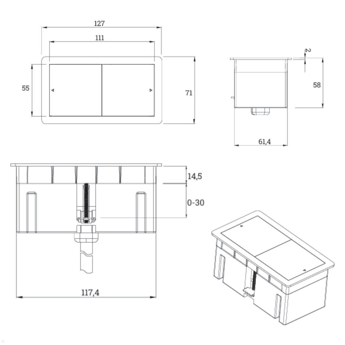 TecLines TMS002 Multifunktionssteckleiste 2x Steckdose, 2m Zuleitung, Zeichnung mit Maßen