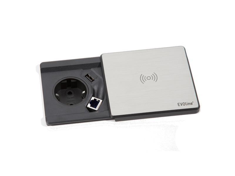 EVOline Square80 Einbausteckdose Qi-Version 1x Schuko, USB, CAT6 Buchse Edelstahl EVOline Square80 Einbausteckdose Qi-Version 1x Schuko, USB, CAT6 Buchse Edelstahl