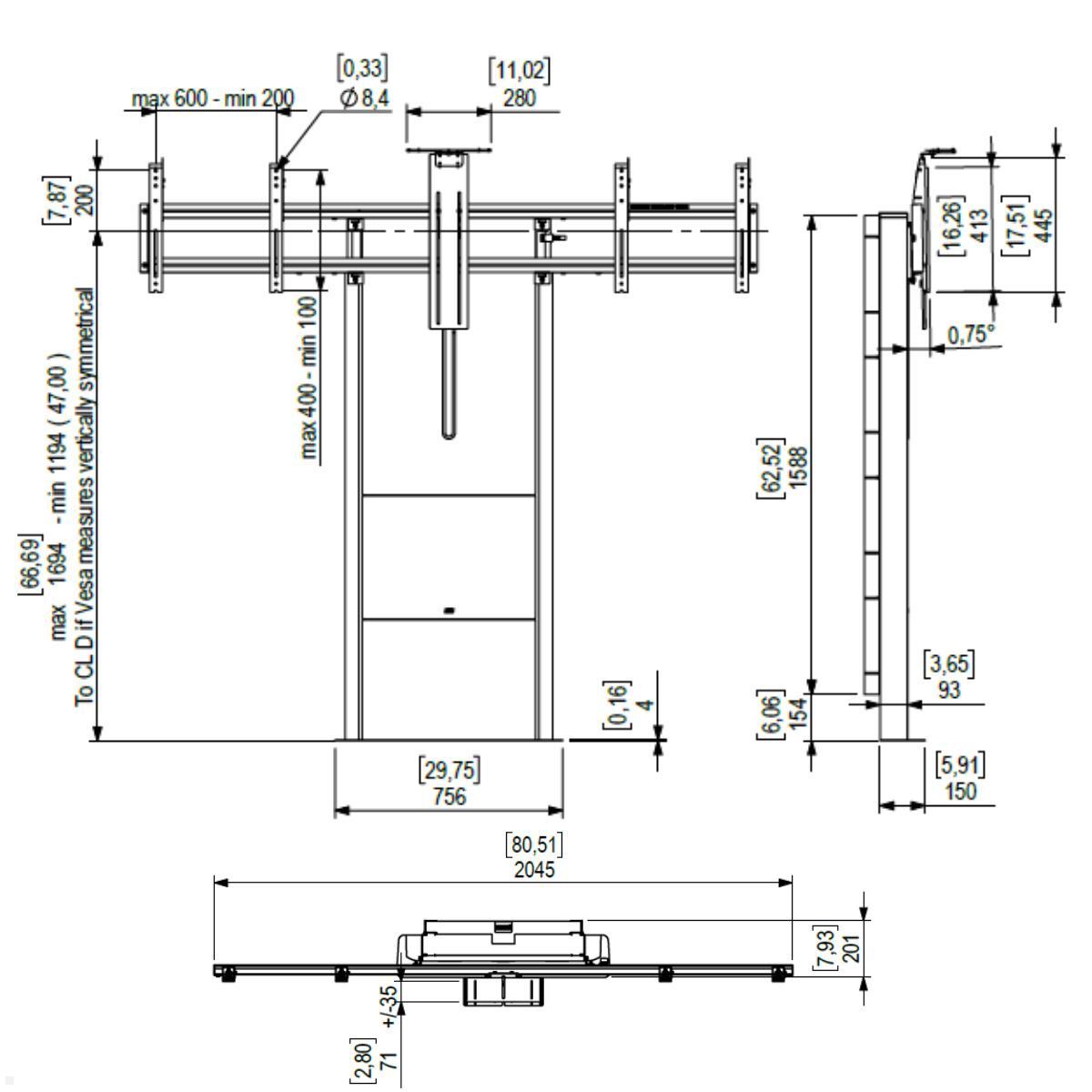 SMS Presence elektrische Dual Monitor Boden-Wandhalterung (K05-144-62), Maße