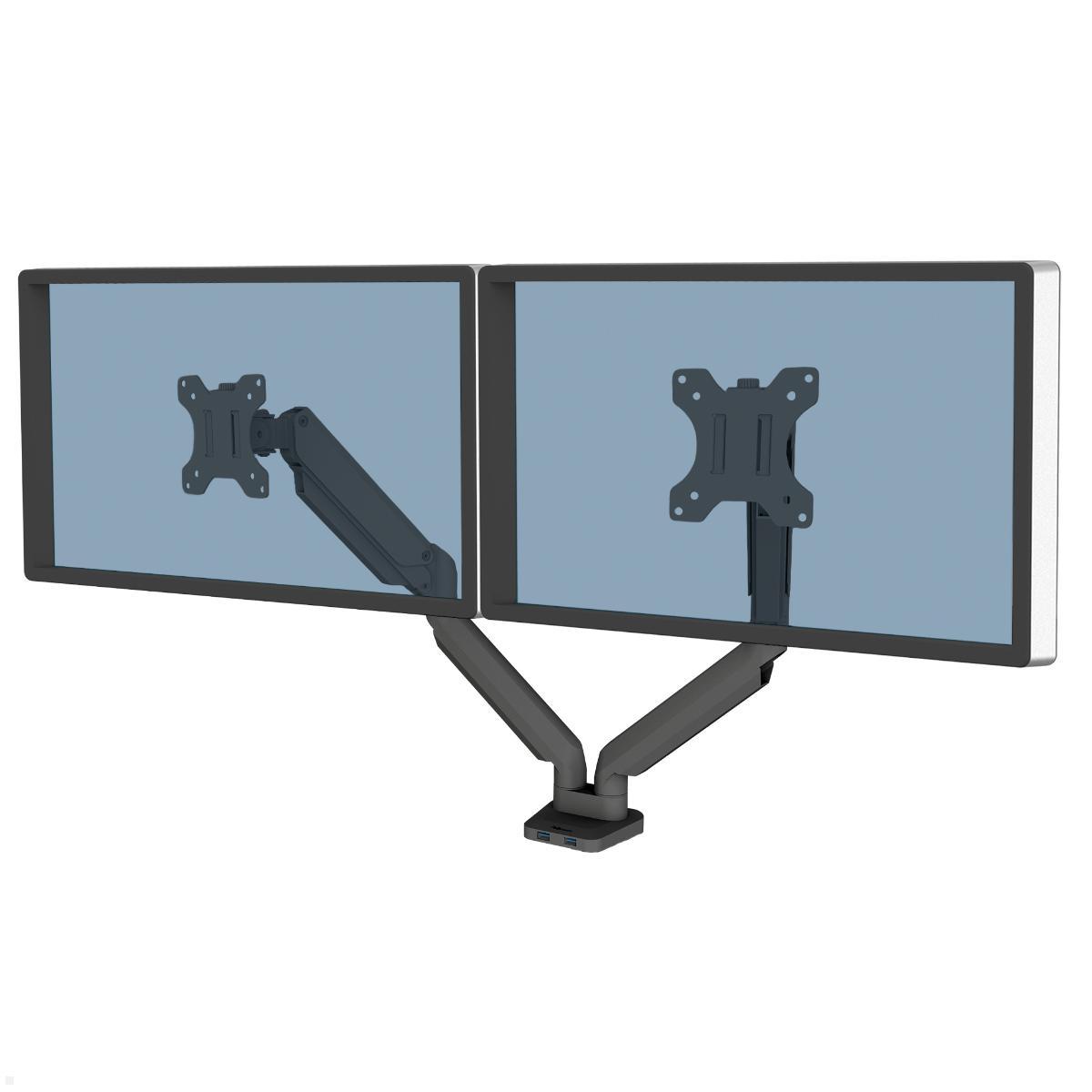 Fellowes Monitorarm Platinum für 2 Monitore nebeneinander, Ansicht mit Klemme und Monitoren