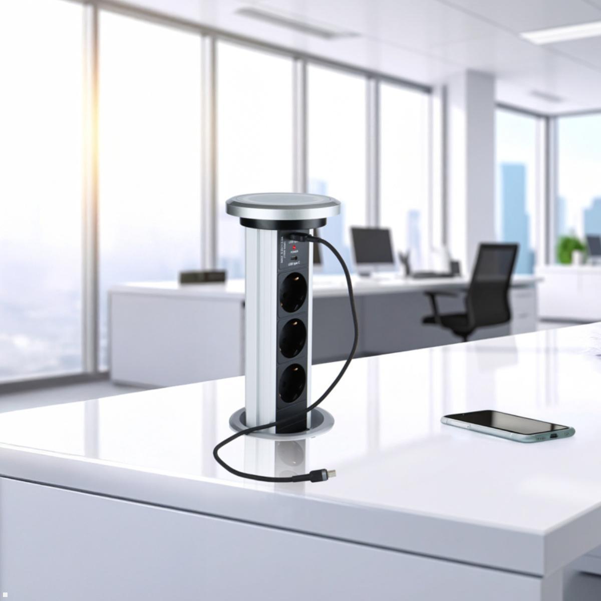 TecLines TVS006S versenkbare 3-fach Steckdosenleiste mit USB A/C, Qi, silber, Beispiel Büro TecLines TVS006S versenkbare 3-fach Steckdosenleiste mit USB A/C, Qi, silber, Beispiel Büro