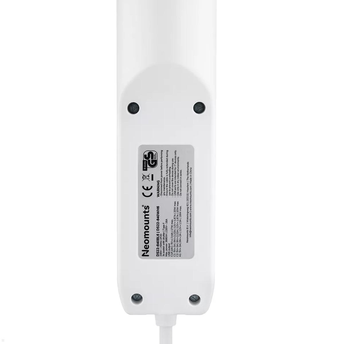 Neomounts DS22-840WH6 Tischsteckdose mit Klemme und USB A/ C, Kennzeichnung