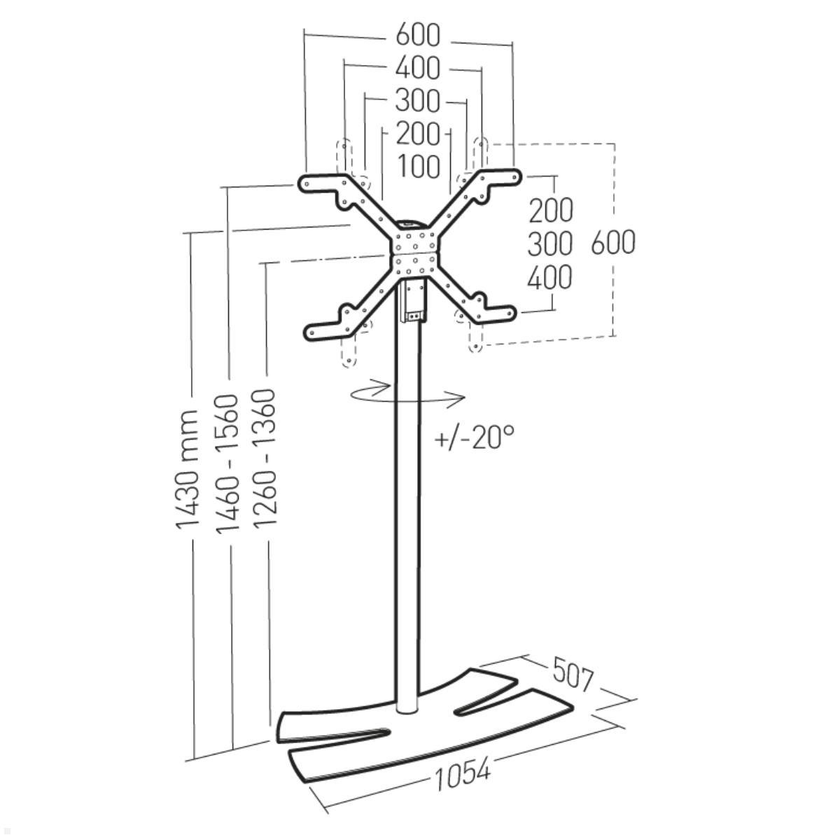 Erard LUX-UP 1400XL Display Ständer 40-85 Zoll, schwarz, Technische Zeichnung 1 Erard LUX-UP 1400XL Display Ständer 40-85 Zoll, schwarz, Technische Zeichnung 1