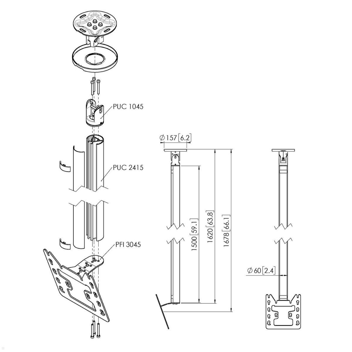 Vogels Connect-it CT241522S Deckenhalter bis 43 Zoll, silber, Zeichnung Maße Vogels Connect-it CT241522S Deckenhalter bis 43 Zoll, silber, Zeichnung Maße