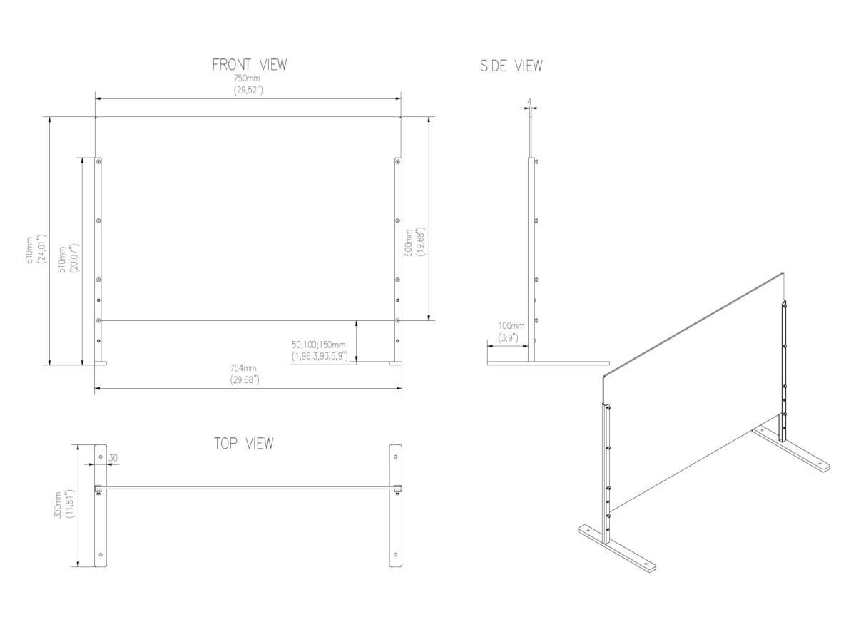 Edbak ProScreen Acrylglas Kassenbereich Schutzscheibe S, Standfuß technische Zeichnung Edbak ProScreen Acrylglas Kassenbereich Schutzscheibe S, Standfuß technische Zeichnung