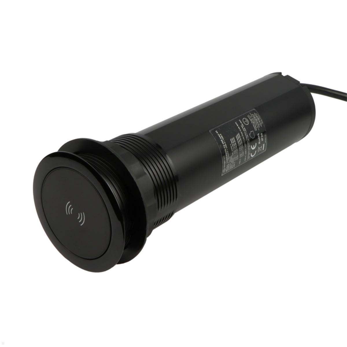 TecLines TVS011B versenkbare 2-fach Steckdose mit USB A/C und Qi charger, schwarz, Quick Charge 3.0 Power Delivery