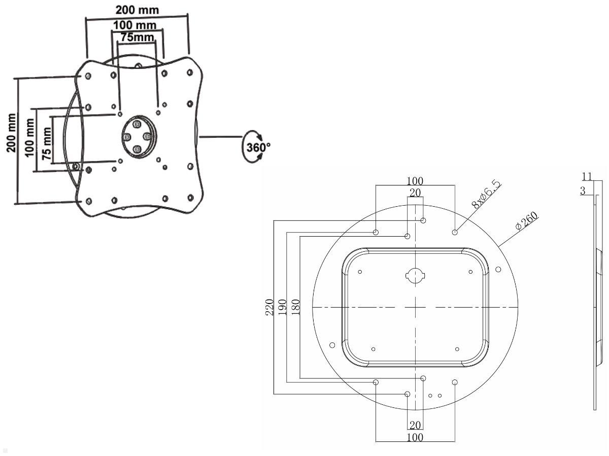 MonLines MWH007B Monitor Wandhalterung mit Pivot-Funktion technische Zeichnung MonLines MWH007B Monitor Wandhalterung mit Pivot-Funktion technische Zeichnung