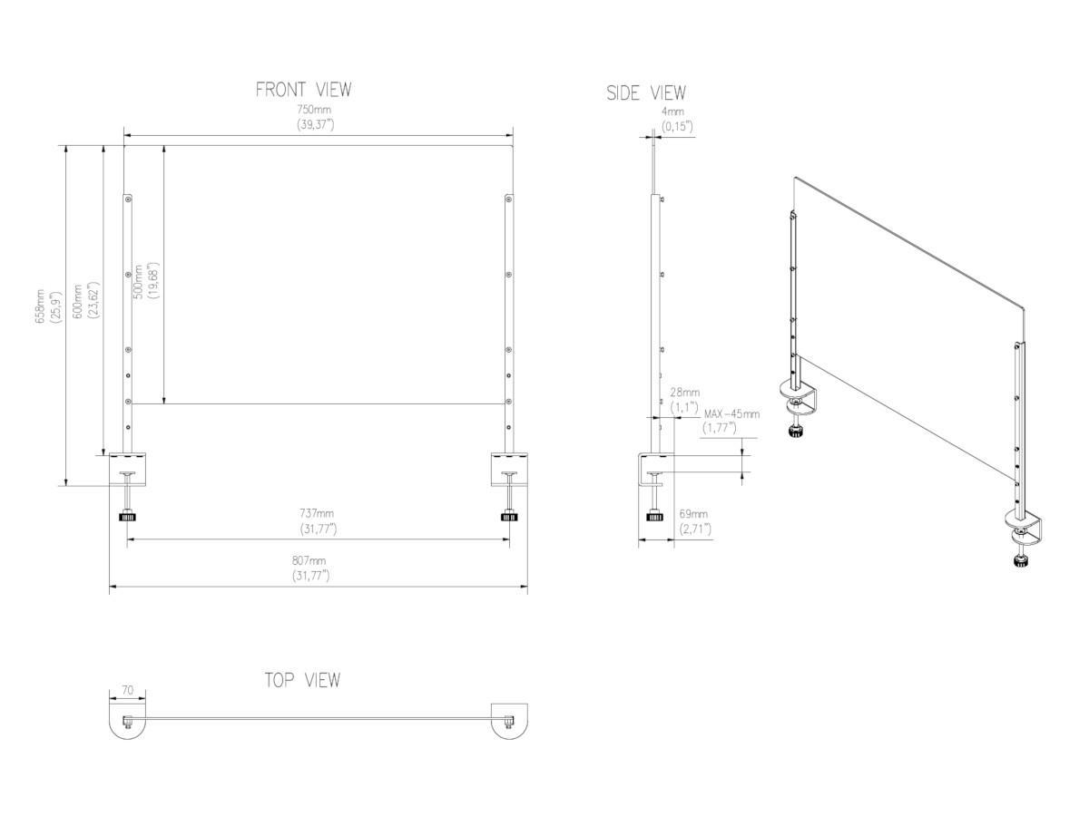 Edbak ProScreen Acrylglas Kassenbereich Schutzscheibe S, Tischklemme technische Zeichnung Edbak ProScreen Acrylglas Kassenbereich Schutzscheibe S, Tischklemme technische Zeichnung