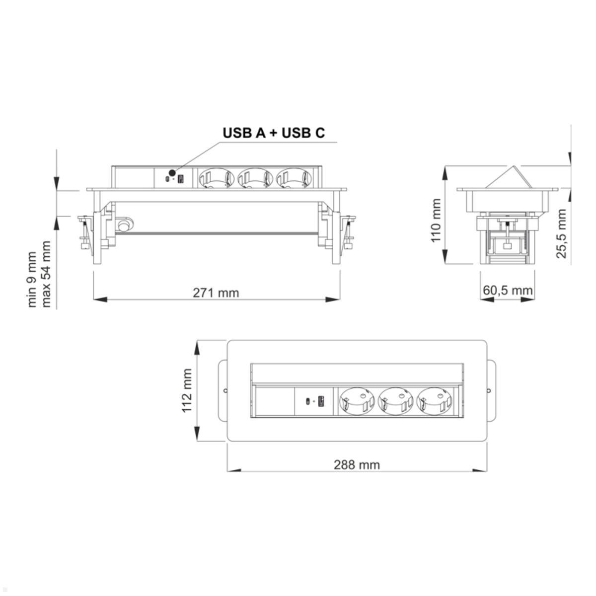 TecLines TES021B 3-fach Einbausteckdose mit USB A+C, schwarz, Einbausteckdose Konferenzraum