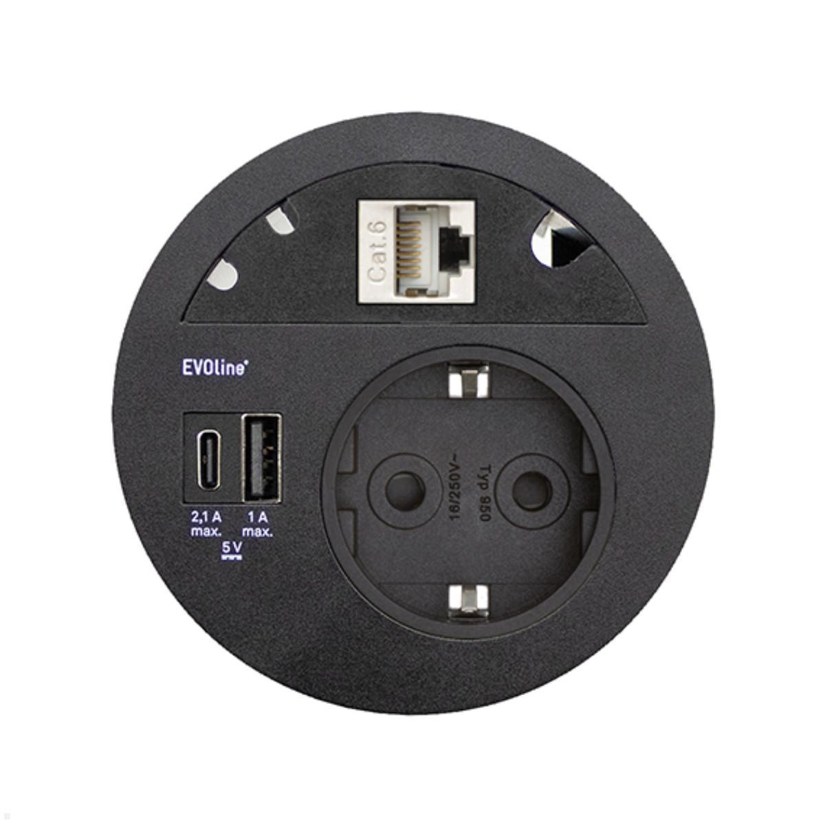 EVOline Circle80 Einbausteckdose mit USB-Charger A/C, Blende CAT6, schwarz EVOline Circle80 Einbausteckdose mit USB-Charger A/C, Blende CAT6, schwarz