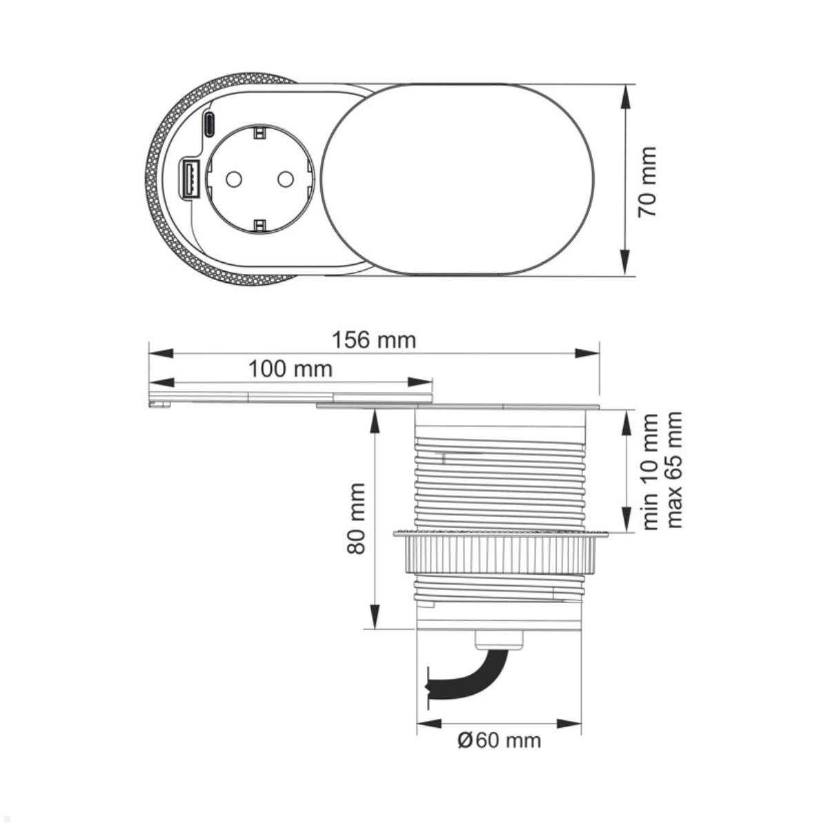 TecLines TES020 Einbausteckdose oval mit USB Charger A/C, 1,9m Kabel, Maße
