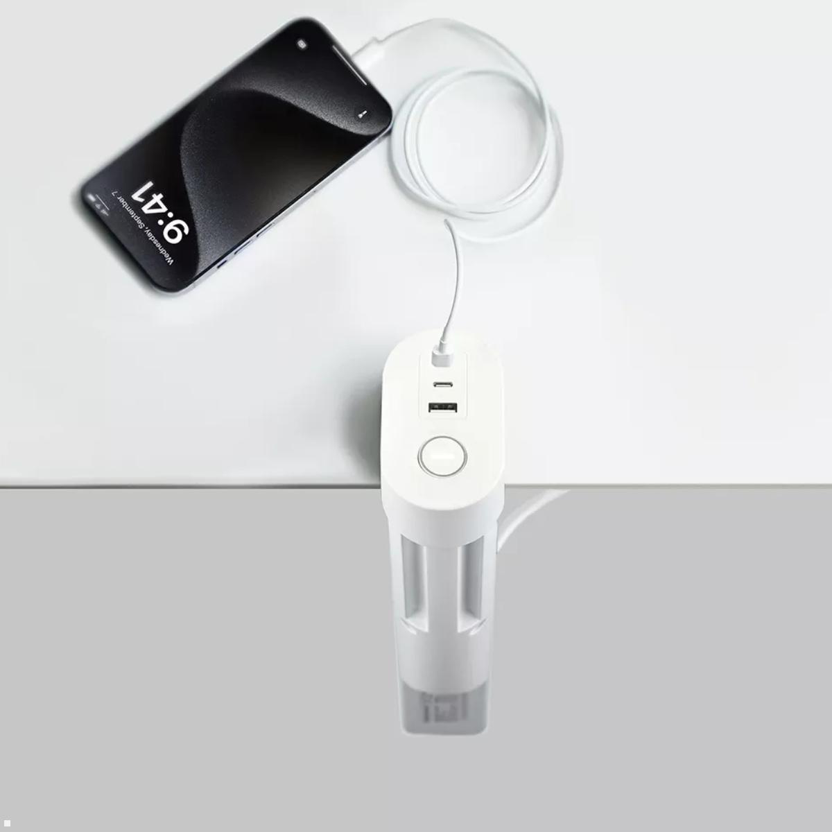 Neomounts DS22-840WH6 Tischsteckdose mit Klemme und USB A/ C, Anschluss Ladekabel