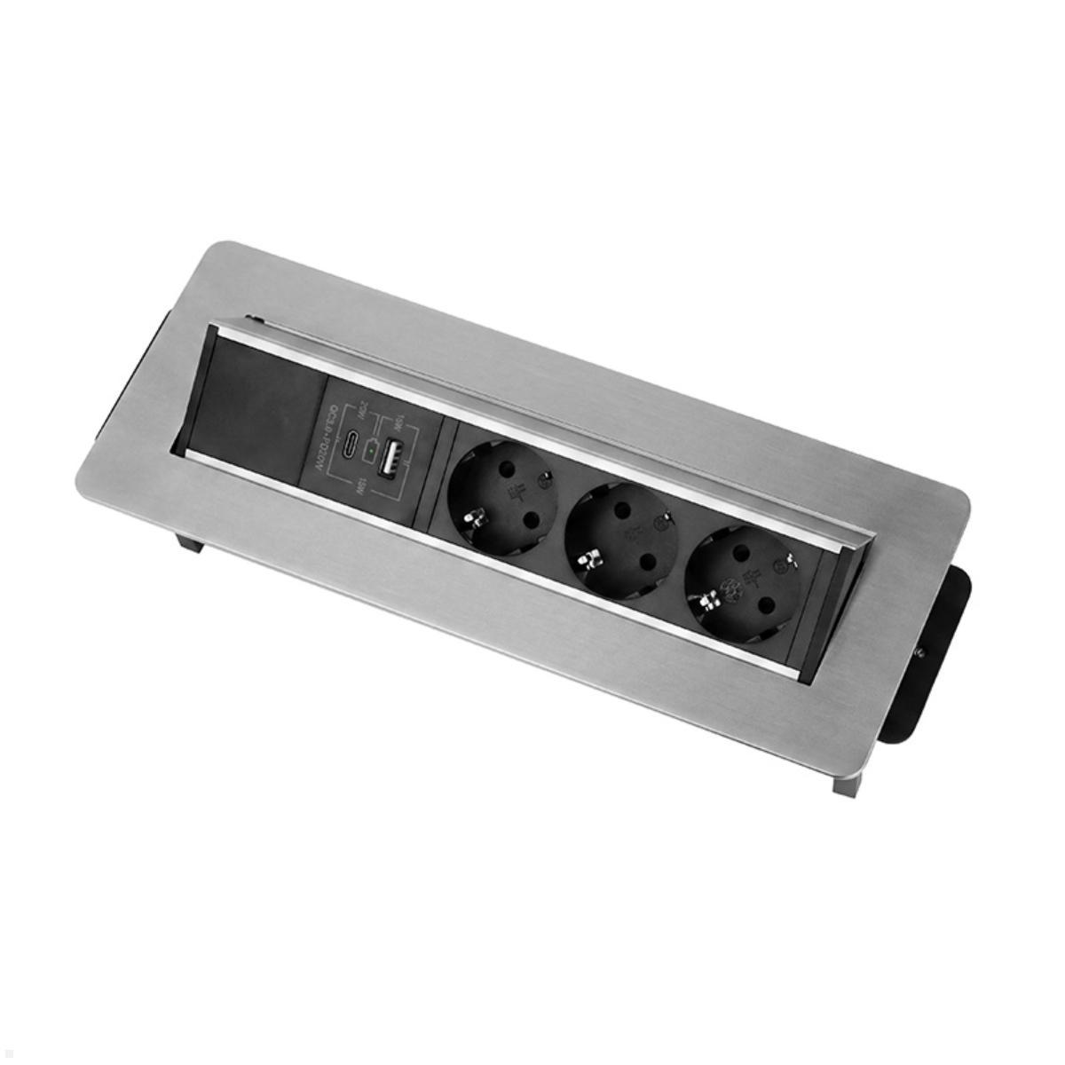 TecLines TES021E 3-fach Einbausteckdose mit USB A+C, Edelstahl, USB A und C Ladeanschlüsse
