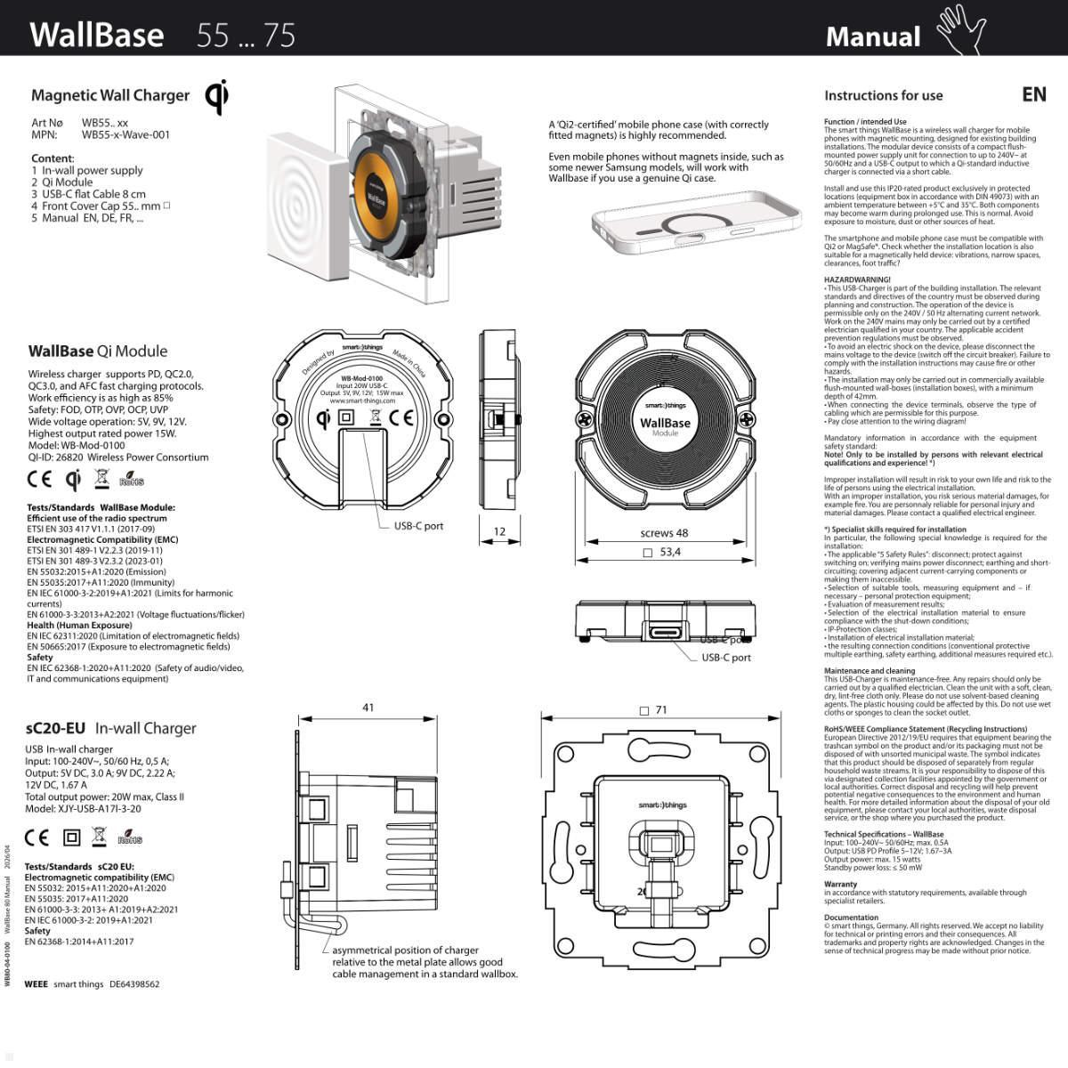 smart things WallBase 55 Wave magnetischer Qi Charger Unterputz (WB55 b), schwarz matt, Lieferumfang Set