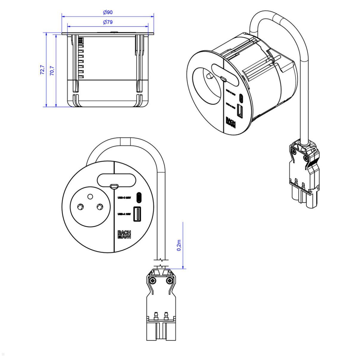 Bachmann LOOP IN CHARGE UTE Steckdose USB A/C Montagestecker, weiß (938.304), technische Zeichnung Bachmann LOOP IN CHARGE UTE Steckdose USB A/C Montagestecker, weiß (938.304), technische Zeichnung