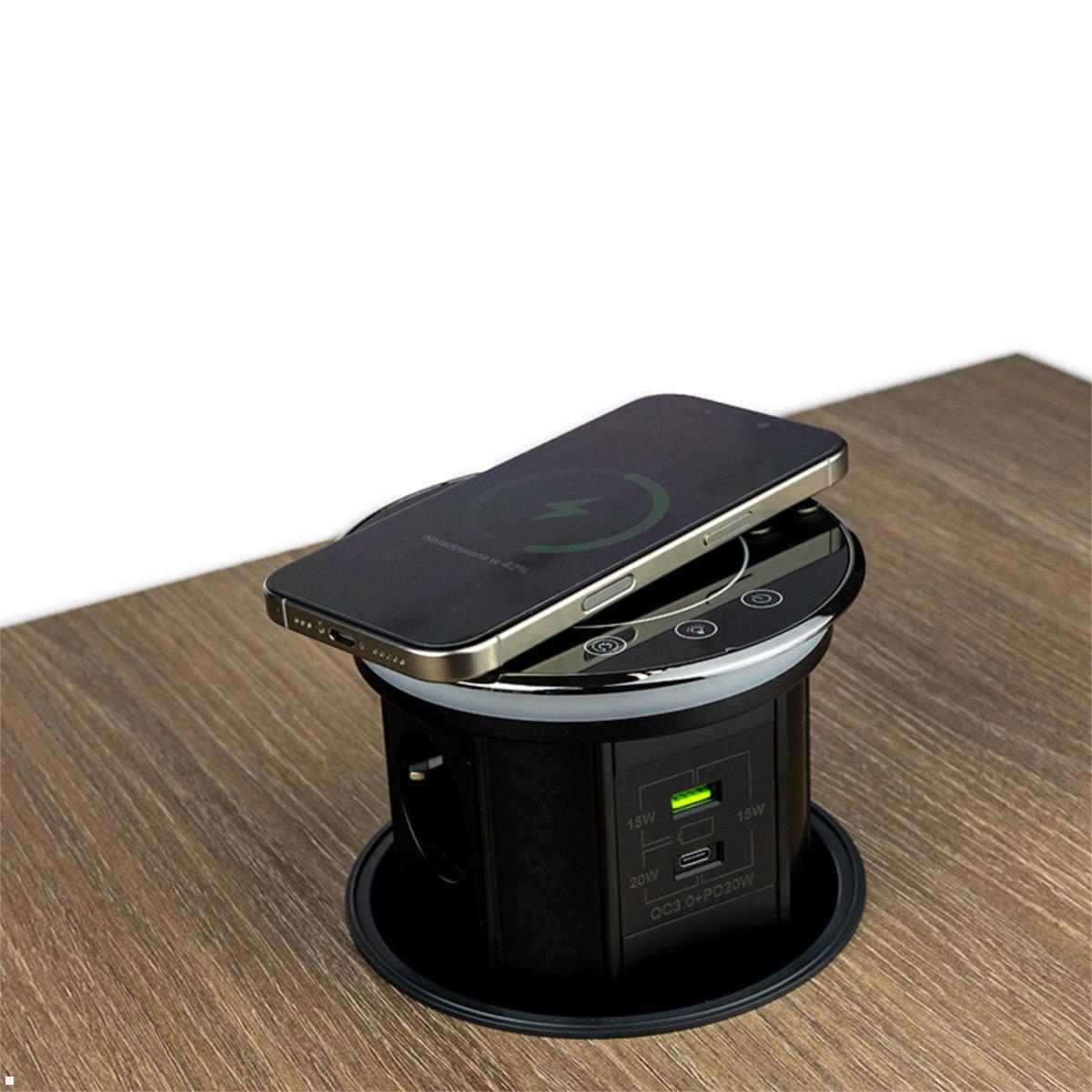 TecLines TVS012B versenkbare Steckdose mit USB A/C und Qi Charger, kabelloses Laden Qi