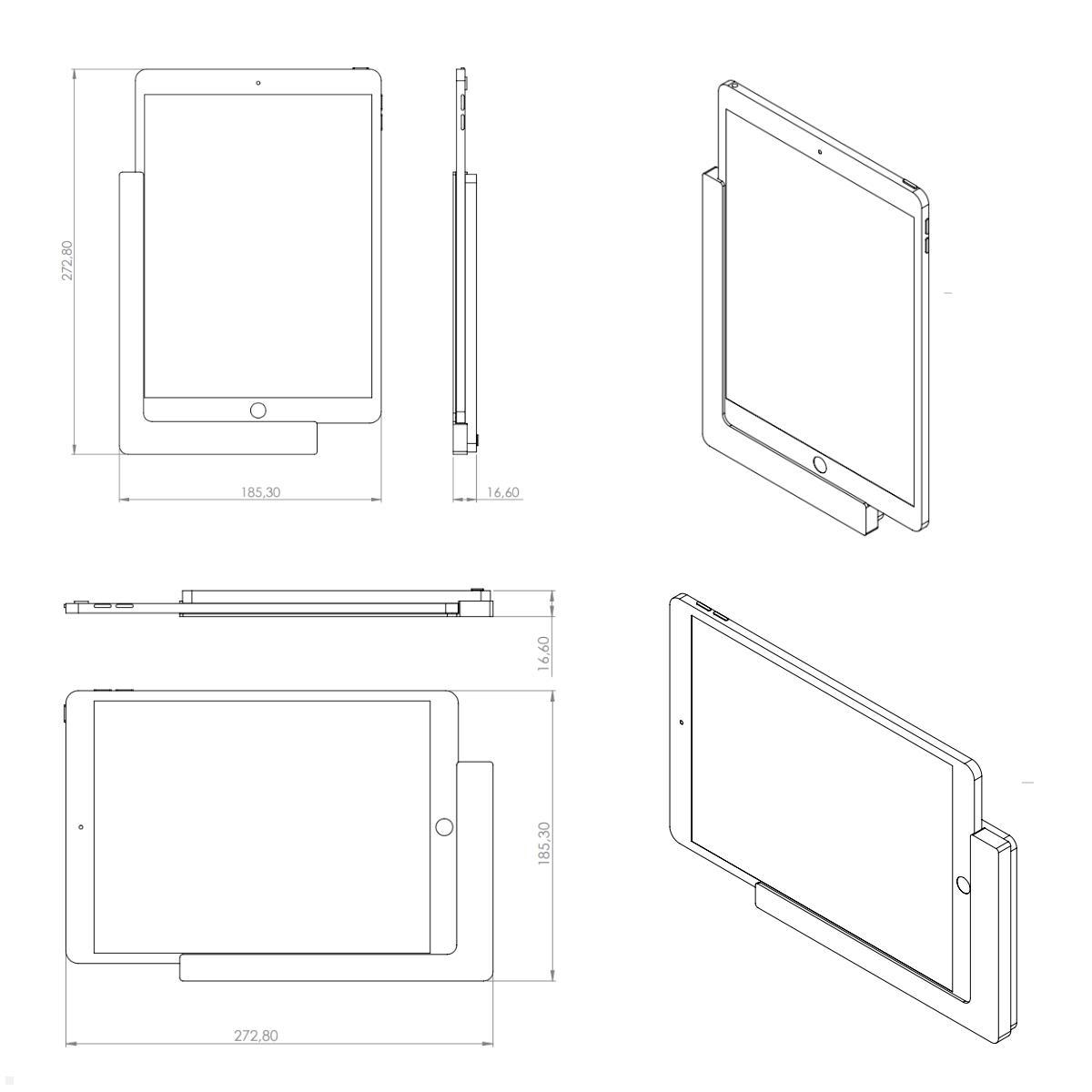 TabLines TWP015S Wandhalterung für Apple iPad Air 3 10.5 (2019), silber, Zeichnung Maße mit Tablet