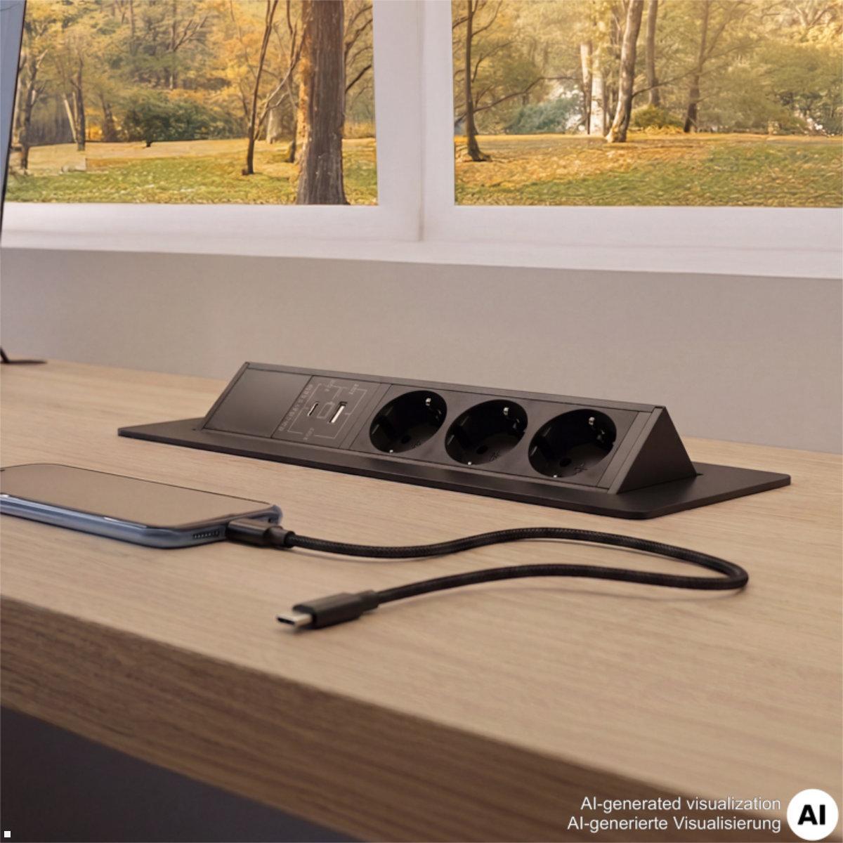 TecLines TES021B 3-fach Einbausteckdose mit USB A+C, schwarz, Einbausteckdose Arbeitsplatte