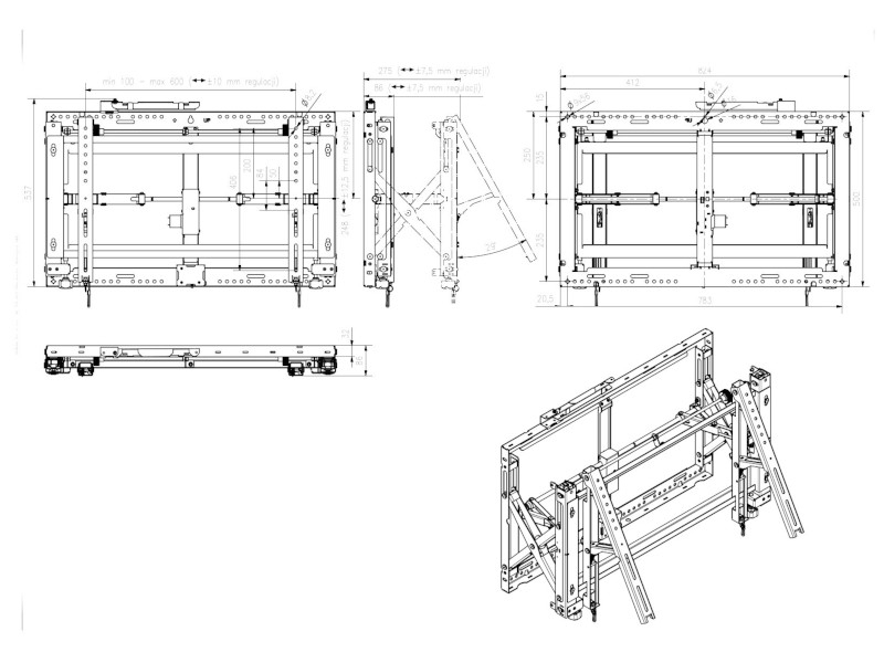 Edbak ERM101-L elektrische Videowall Wandhalterung, 42 - 85 Zoll Technische Zeichnung