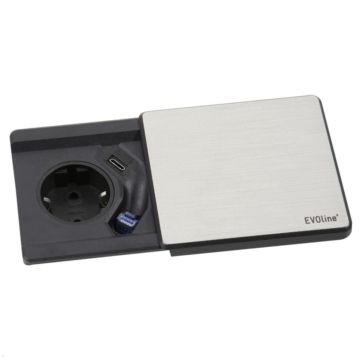 EVOline Square80 Einbausteckdose mit USB-C, CAT6 Patchkabel, Edelstahl
