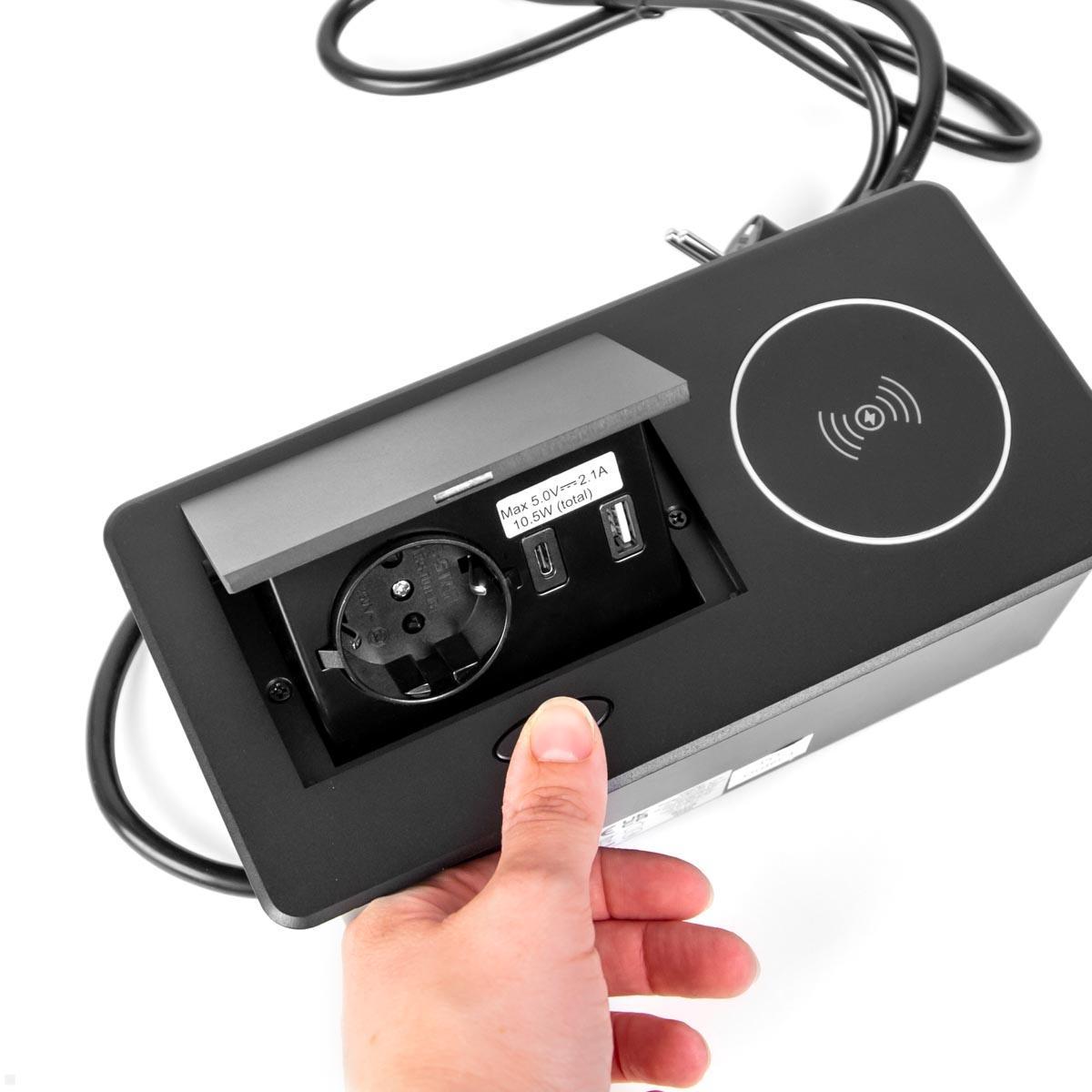 TecLines TES015B Einbau Steckdose mit USB A/C Charger, Qi, schwarz One-Touch opening TecLines TES015B Einbau Steckdose mit USB A/C Charger, Qi, schwarz One-Touch opening