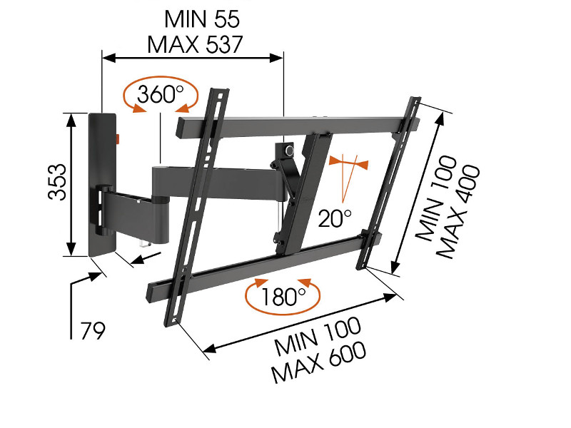 Vogel's WALL 3345 TV Wandhalterung schwenkbar 40"-65", schwarz Maße