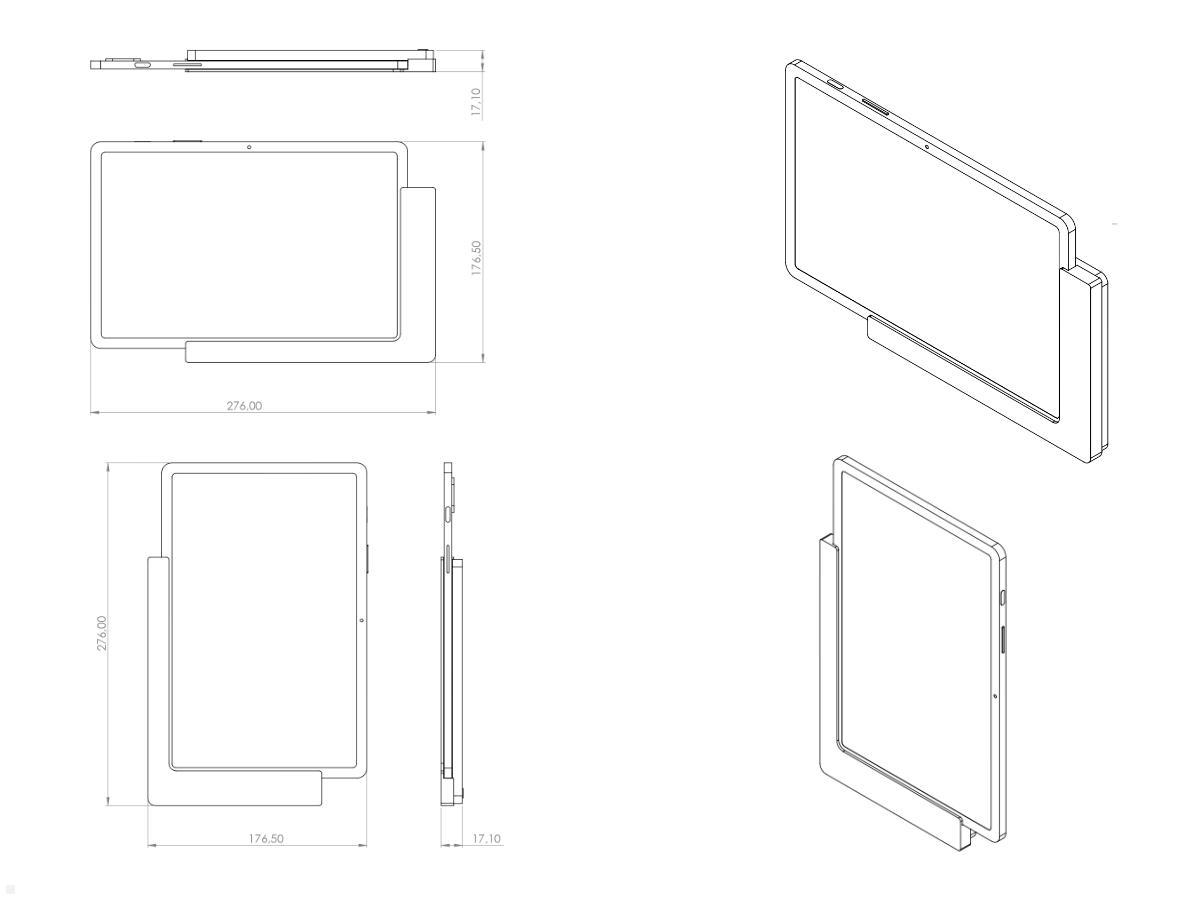 TabLines TWP007S Wandhalterung für Samsung Tab S7 11.0, silber, Zeichnung Maße mit Tablet TabLines TWP007S Wandhalterung für Samsung Tab S7 11.0, silber, Zeichnung Maße mit Tablet