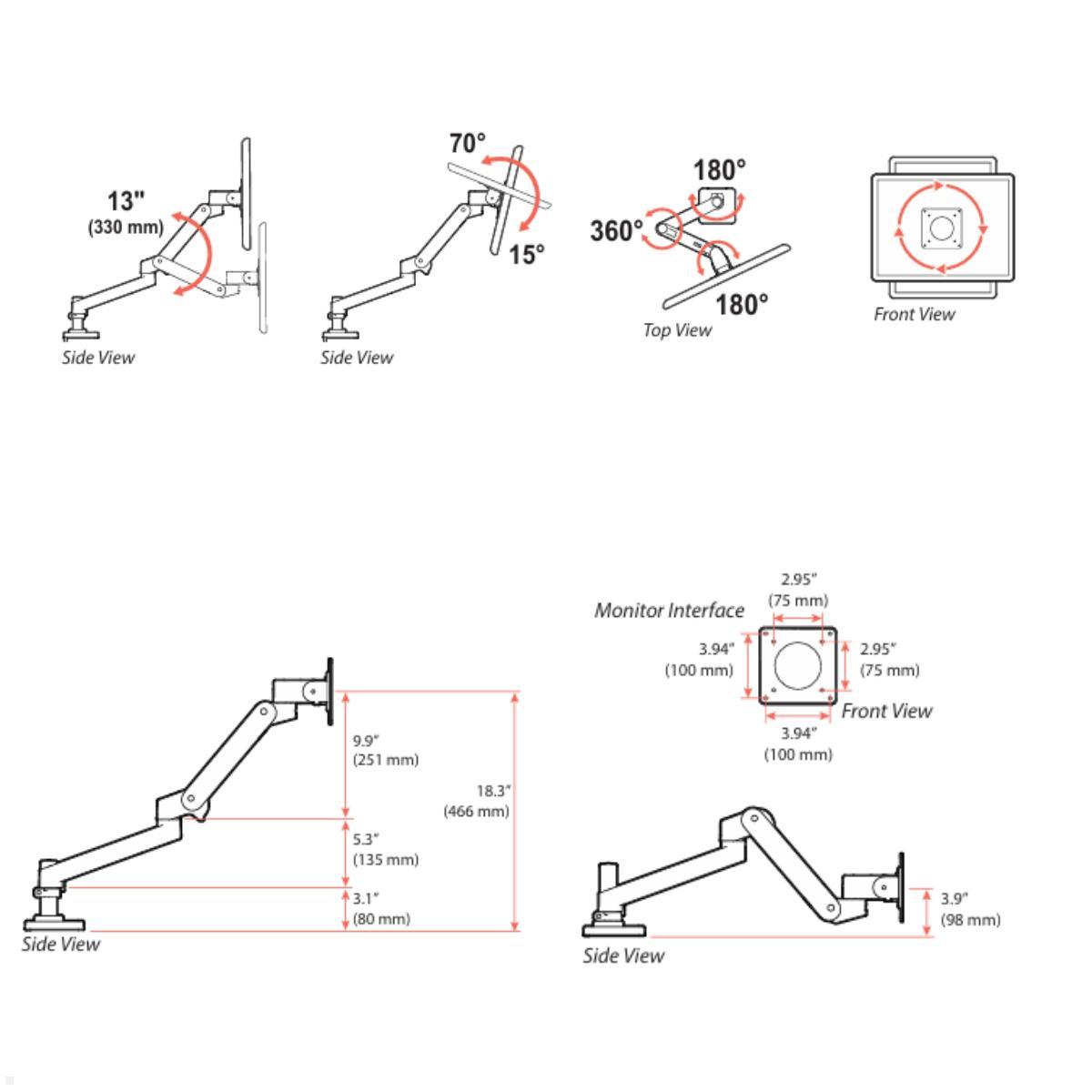 Ergotron LX Pro Monitor Tischhalterung mit C-Klemme Zeichnung mit Maßen