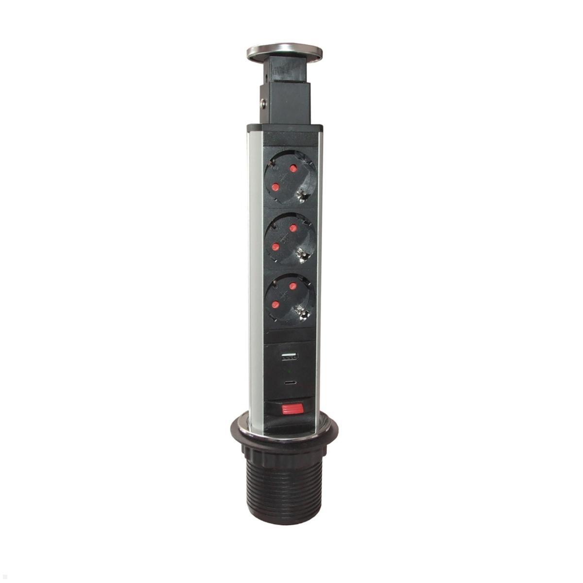 TecLines TVS002 versenkbare Steckdosenleiste 315mm, 3x Steckdose, 2x USB