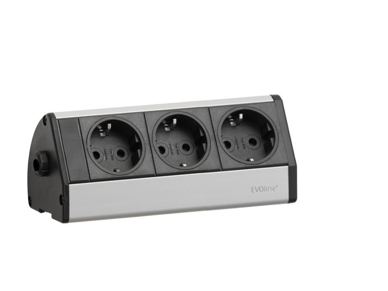 EVOline Dock DESK 3x Schuko mit slide stops front EVOline Dock DESK 3x Schuko mit slide stops front
