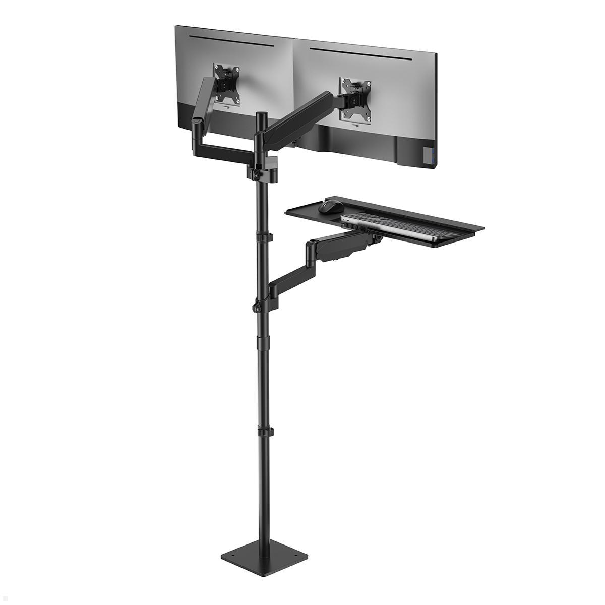 MonLines MBS020B dual Monitor Bodenstandfuß anschraubbar mit Tastaturhalterung, Anwendungsbeispiel