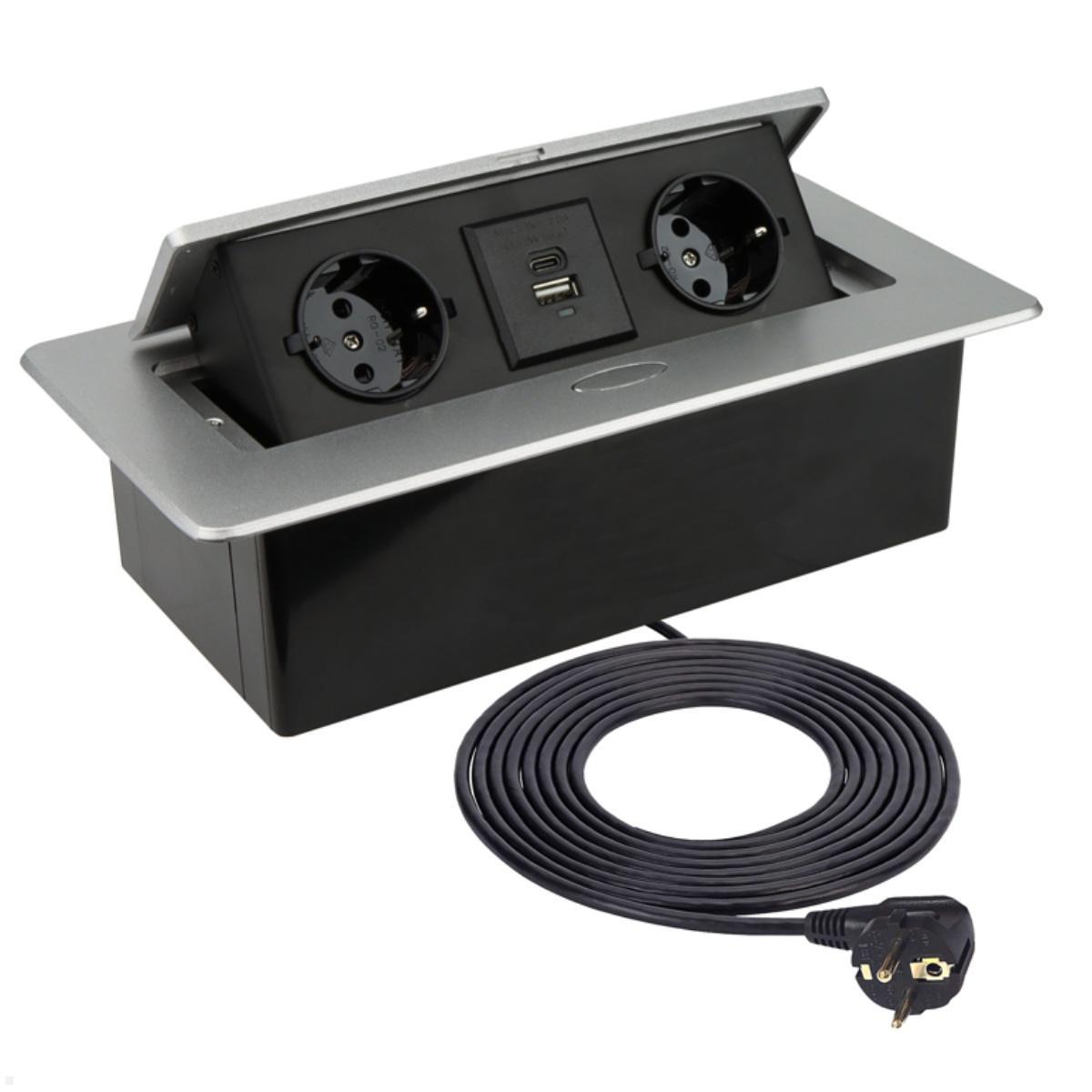 TecLines TES010S 2-fach Einbausteckdose mit USB-Charger, 1,5m Kabel, silber