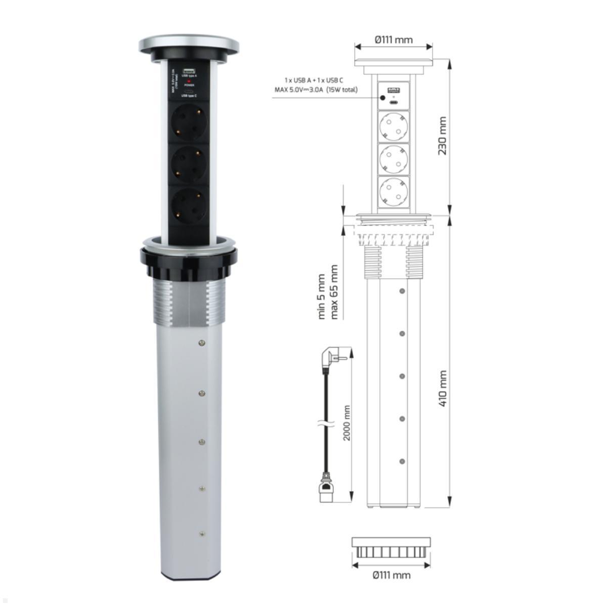 TecLines TVS006S versenkbare 3-fach Steckdosenleiste mit USB A/C, Qi, silber, Maße