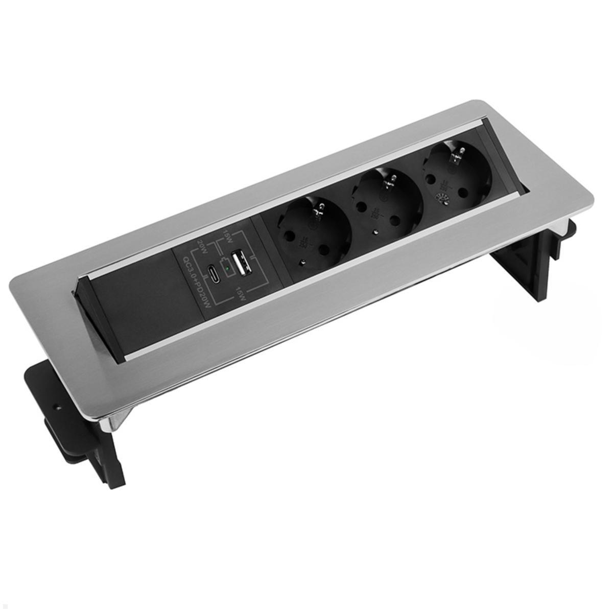 TecLines TES021E 3-fach Einbausteckdose mit USB A+C, Edelstahl, Schuko Steckdose 3-fach