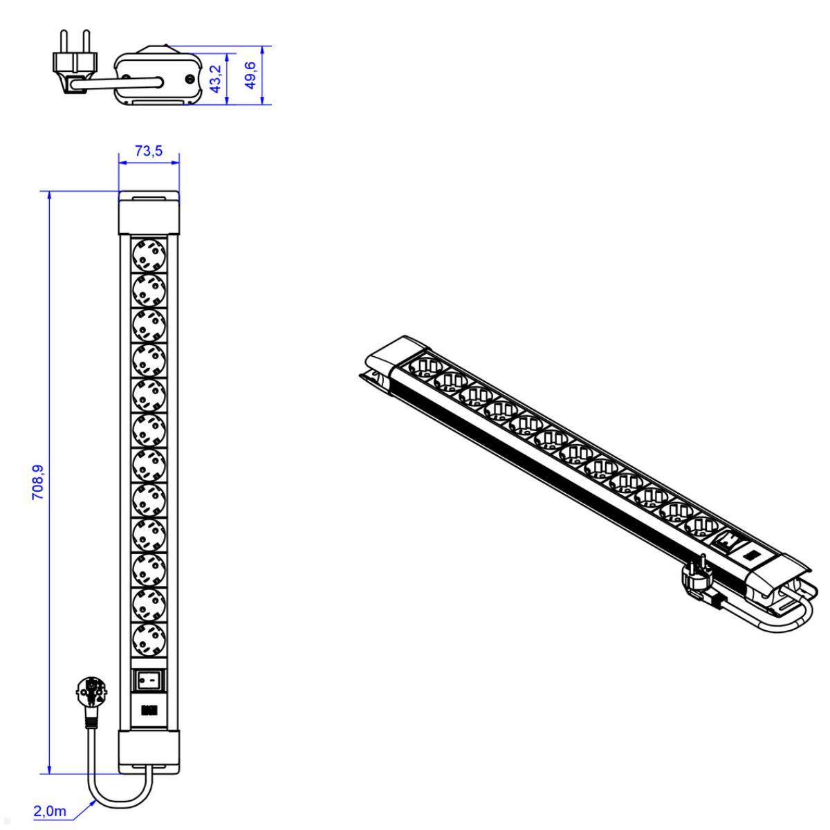 Bachmann CONNECTUS 12x Steckdose, 1x Schalter, 2m Zuleitung, schwarz (BM005908), Maße