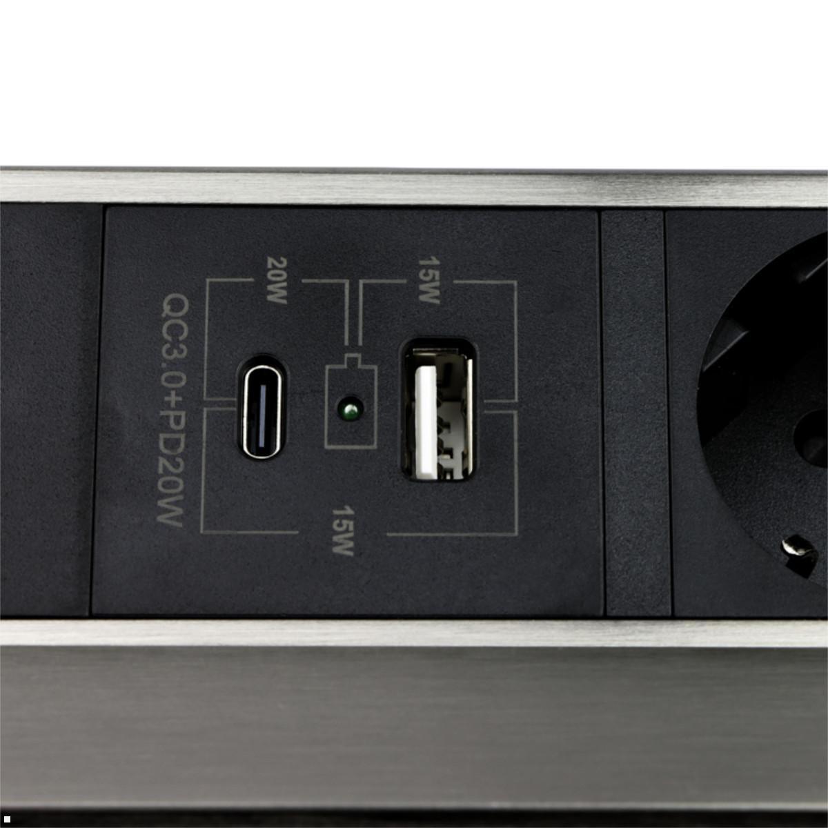 TecLines TES021E 3-fach Einbausteckdose mit USB A+C, Edelstahl, Einbausteckdose Küche Büro