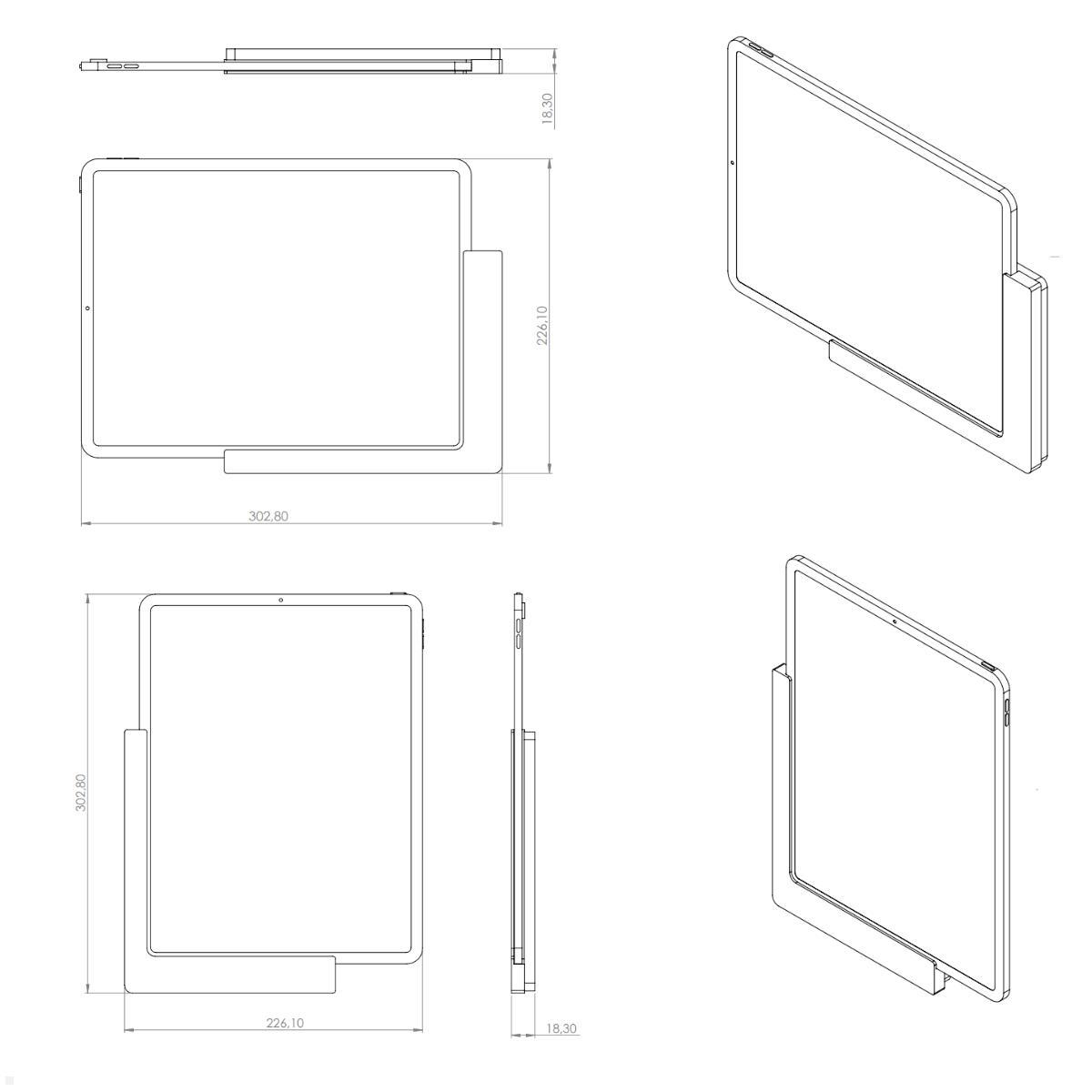TabLines TWP011B Wandhalterung für iPad Pro 12.9 (5.Gen.) 2021, schwarz, Zeichnung Maße